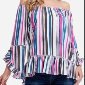 Fever Women's Off The Shoulder Multicolor Striped Tunic Blouse Flutter Sleeve LG